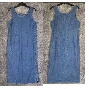 Vtg 90s Y2K Denim Jumper Maxi Dress Medium Blue Animal Print Reptile Modest Trad